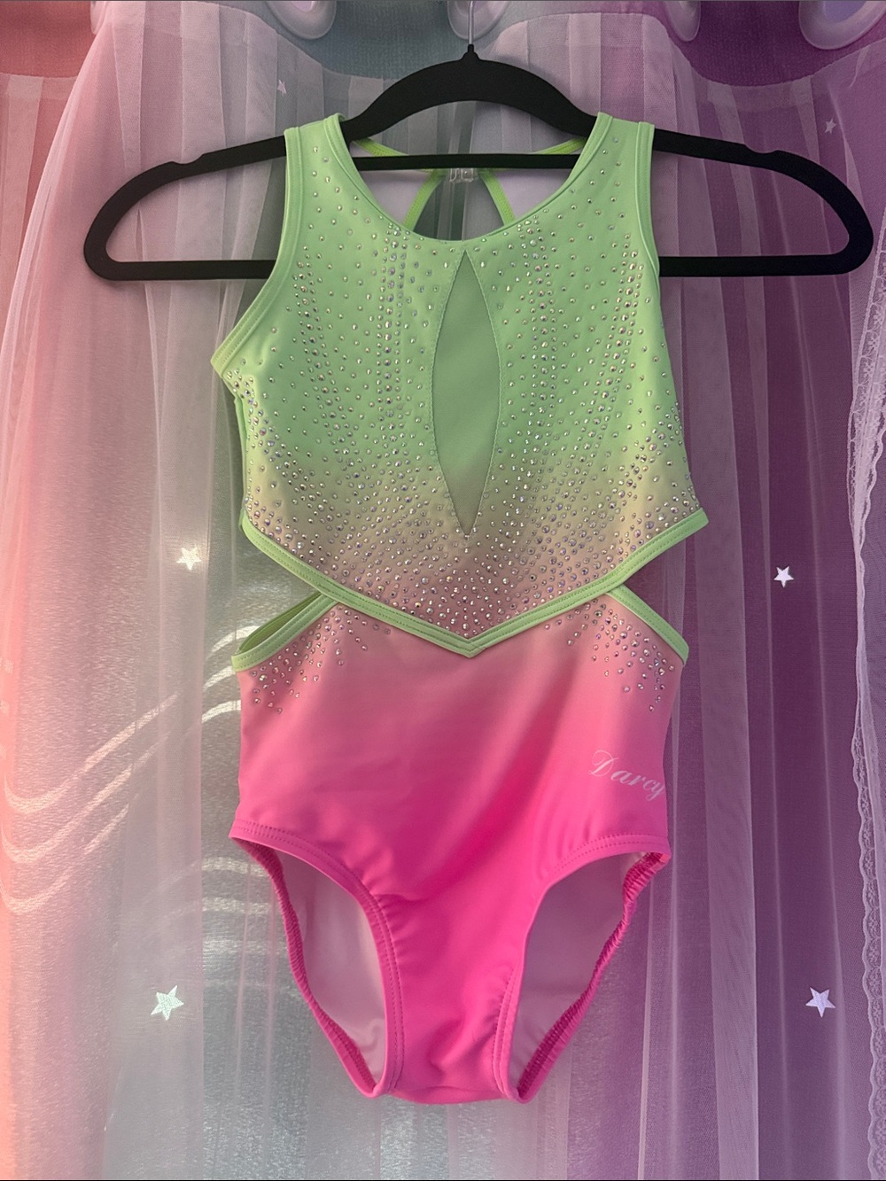 Girls' Green to Pink Ombre Rhinestone One-Piece leotard